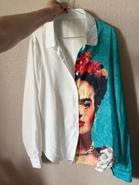 White Button-Up Shirt with Turquoise Floral Portrait Panel